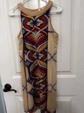 Aryeh Women's Sleeveless Halter-Neck Shift Dress, Geometric Print, Tan, Size M